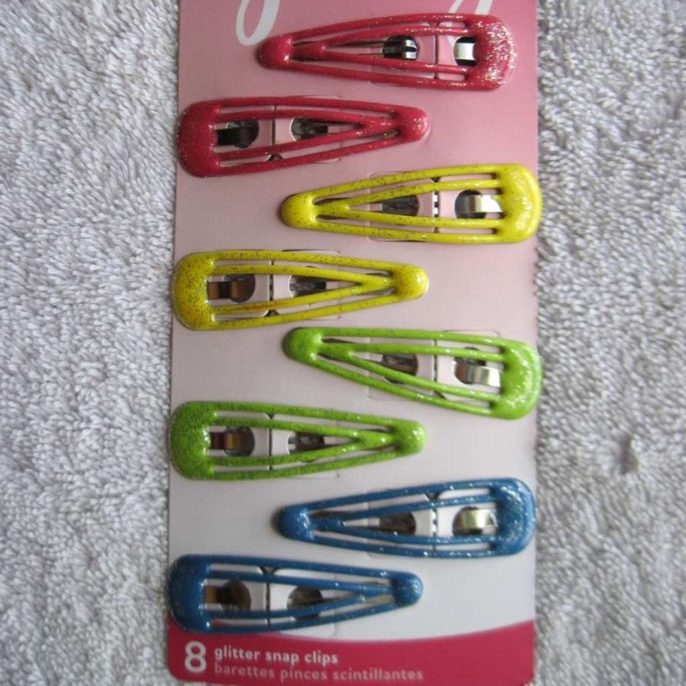 8 Goody Double Bar Glitter Epoxy Covered Metal Hair Snap Clips Blue Green Pink